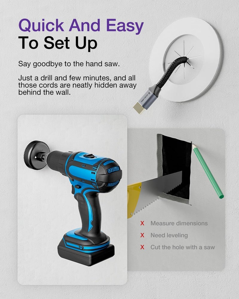 VCELINK in Wall Cable Management Kit with Hole Saw Drill Attachment and Mounting Brackets, Hide TV Cords for Wall Mount, Cable Wall Plate for Network, HDMI, Coax, Speaker Cables, White, 2-Pack - Image 3